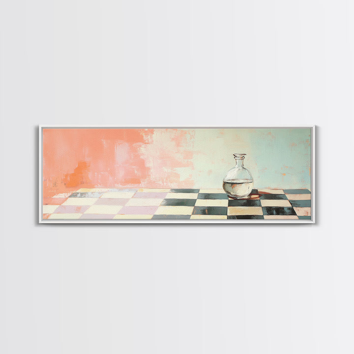 Minimal Glass Bottle On Checkered Table Canvas Print, Pastel Kitchen Wall Art, Modern Minimalist Dining Room Home Decor Print