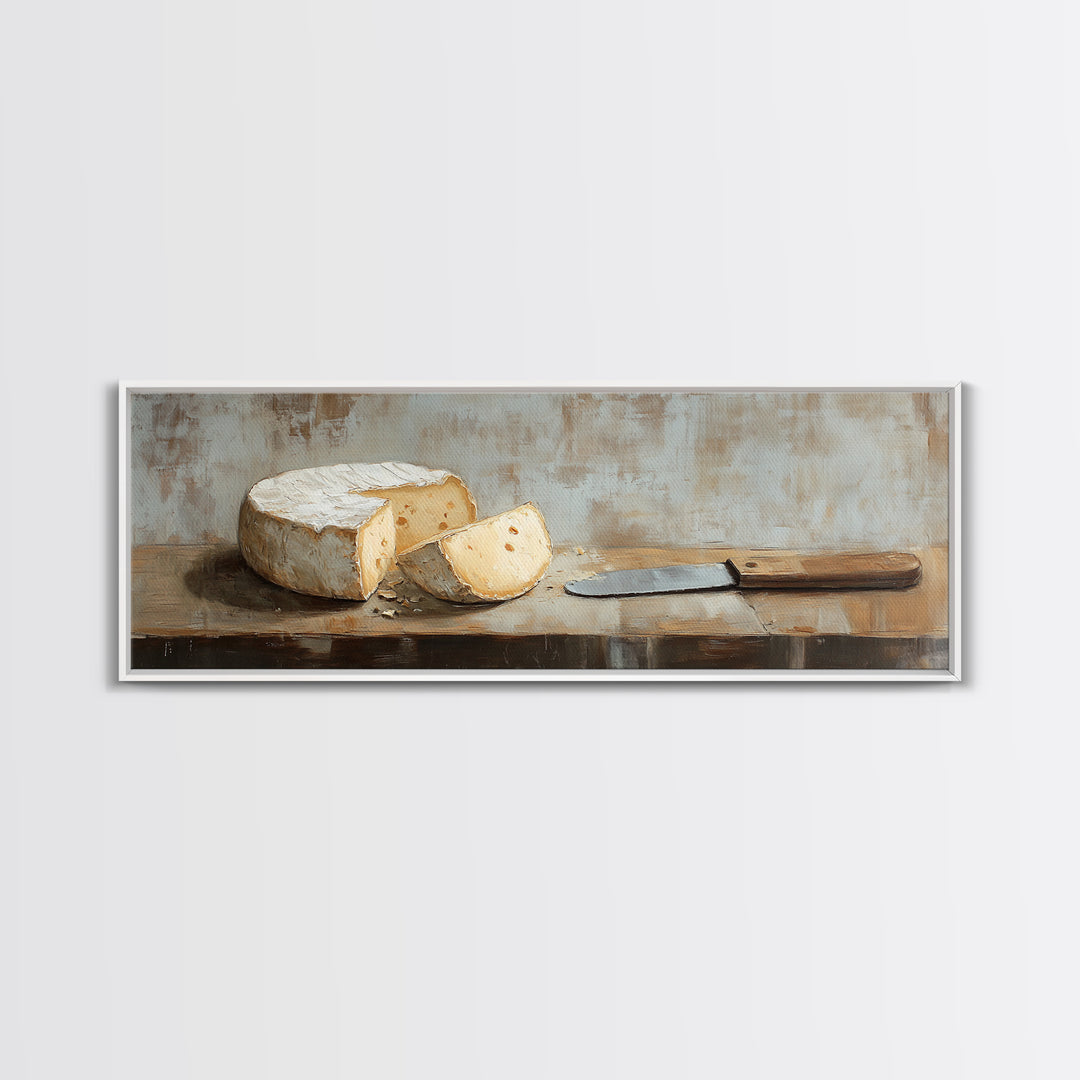 Brie Cheese And Knife Still Life Framed Canvas Print, Rustic Kitchen Wall Art, Farmhouse Dining Room Decor Foodie Gift For Chef