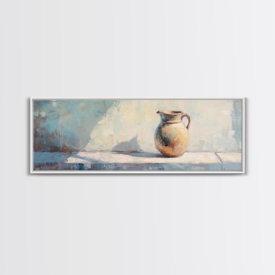 Sunlit Ceramic Pitcher Still Life Wall Art, French Country Decor, Neutral Kitchen Art, Rustic Canvas Print, Housewarming Gift