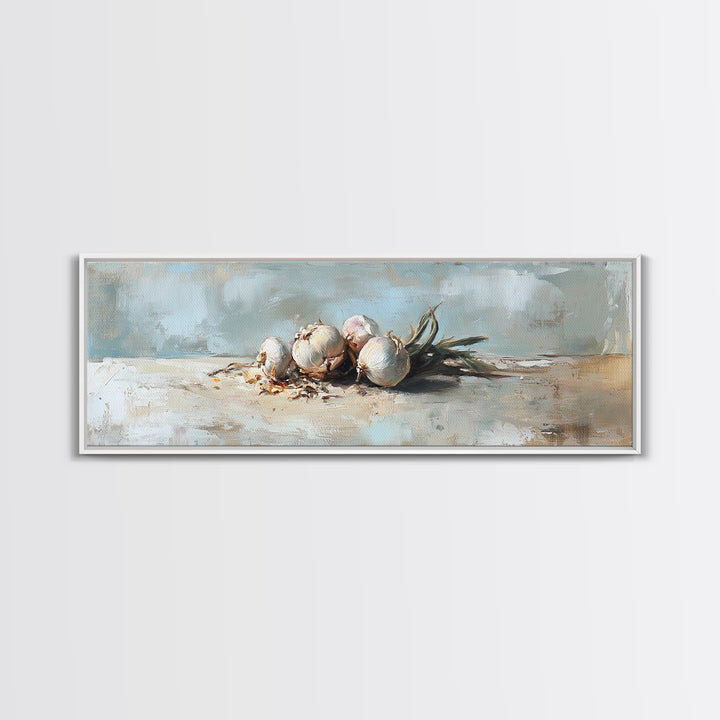 Rustic Garlic Bulbs Still Life Canvas Print, Kitchen Wall Art, Farmhouse Decor, Food Illustration, Culinary Home Decor Gift
