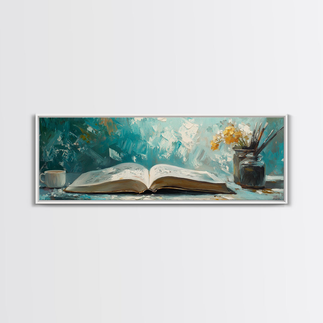 Open Book Still Life Wall Art, Cozy Reading Nook Decor, Library Art Print, Book Lover Gift, Teal Impasto Canvas For Living Room Home Decor
