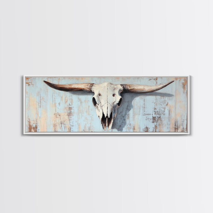 Longhorn Skull On Rustic Blue Wall Art, Western Cowboy Decor, Southwestern Farmhouse, Large Horizontal Ranch Housewarming Gift