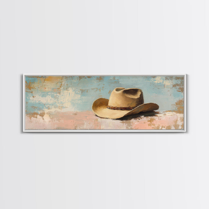 Tan Cowboy Hat On Pastel Blue Canvas Print, Western Wall Art, Rustic Ranch Decor, Southwestern Farmhouse, Neutral Bedroom Decor
