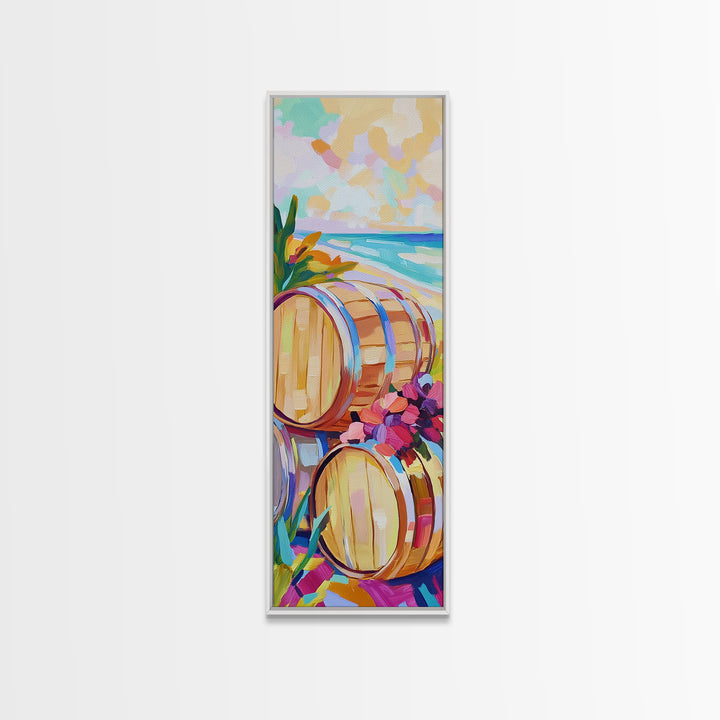 Sunlit Wine Barrels By Turquoise Beach Canvas Print, Coastal Wall Art, Winery Decor, Beach House Decor, Kitchen Art, Dining Room Print
