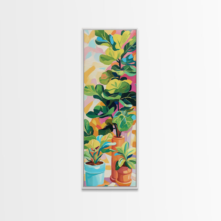 Potted Fiddle Leaf Plants Framed Canvas Print, Botanical Wall Art, Colorful Boho Home Decor, Plant Lover Housewarming Gift