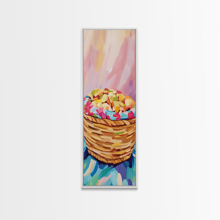 Woven Basket Of Colorful Sweets Canvas Print, Pastel Kitchen Wall Art, Bakery Decor, Cute Food Art Print, Housewarming Gift