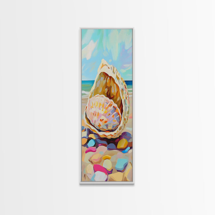 Pastel Seashells On Sunny Beach Wall Art, Coastal Canvas Wall Art, Beach House Decor, Ocean Art Print, Summer Home Decor