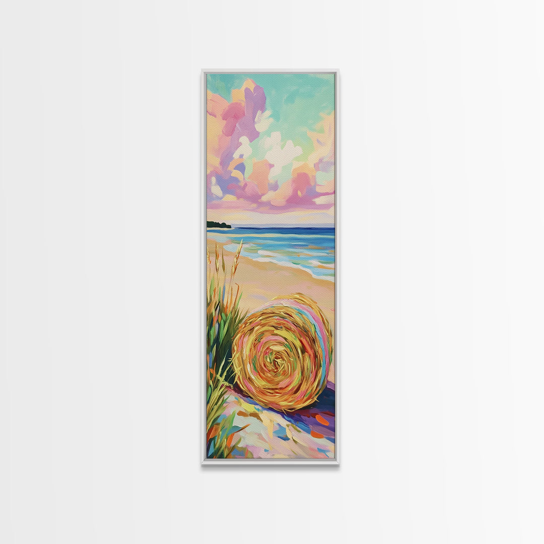 Pastel Beach Hat By The Ocean Canvas Print, Coastal Wall Art, Summer Beach House Decor, Serene Seascape Art Print, Wall Decor