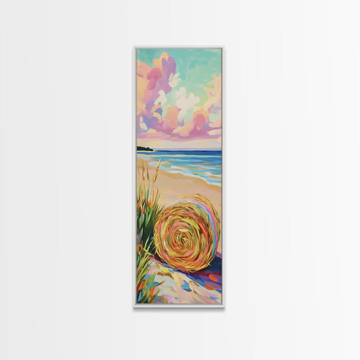Pastel Beach Hat By The Ocean Canvas Print, Coastal Wall Art, Summer Beach House Decor, Serene Seascape Art Print, Wall Decor