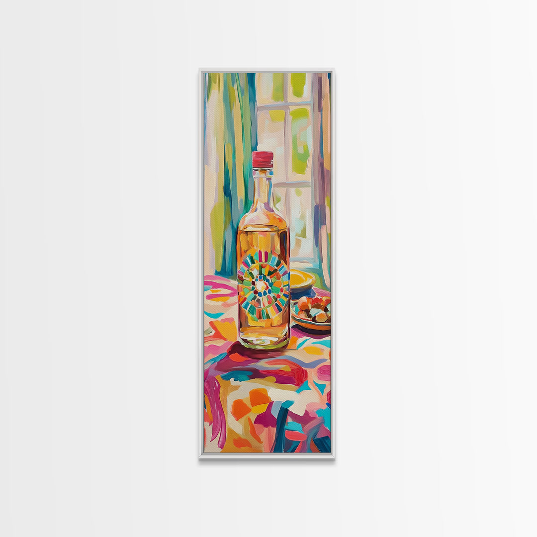 Colorful Tequila Bottle And Citrus Canvas Print, Mediterranean Kitchen Wall Art, Bar Cart Decor, Bright Dining Room Gift