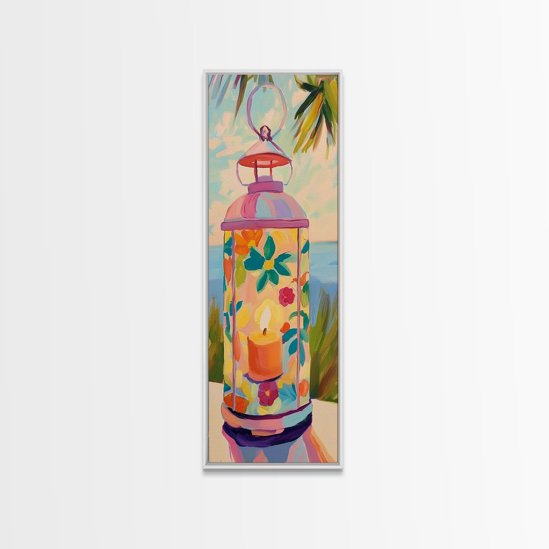 Pink Floral Candle Lantern Canvas Print, Coastal Wall Art, Tropical Beach House Decor, Bright Summer Patio Art For Living Room