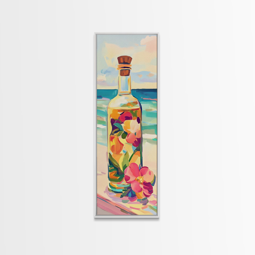 Floral Glass Bottle By Turquoise Sea Wall Art, Coastal Kitchen Decor, Beach House Art Print, Tropical Flowers Canvas Print