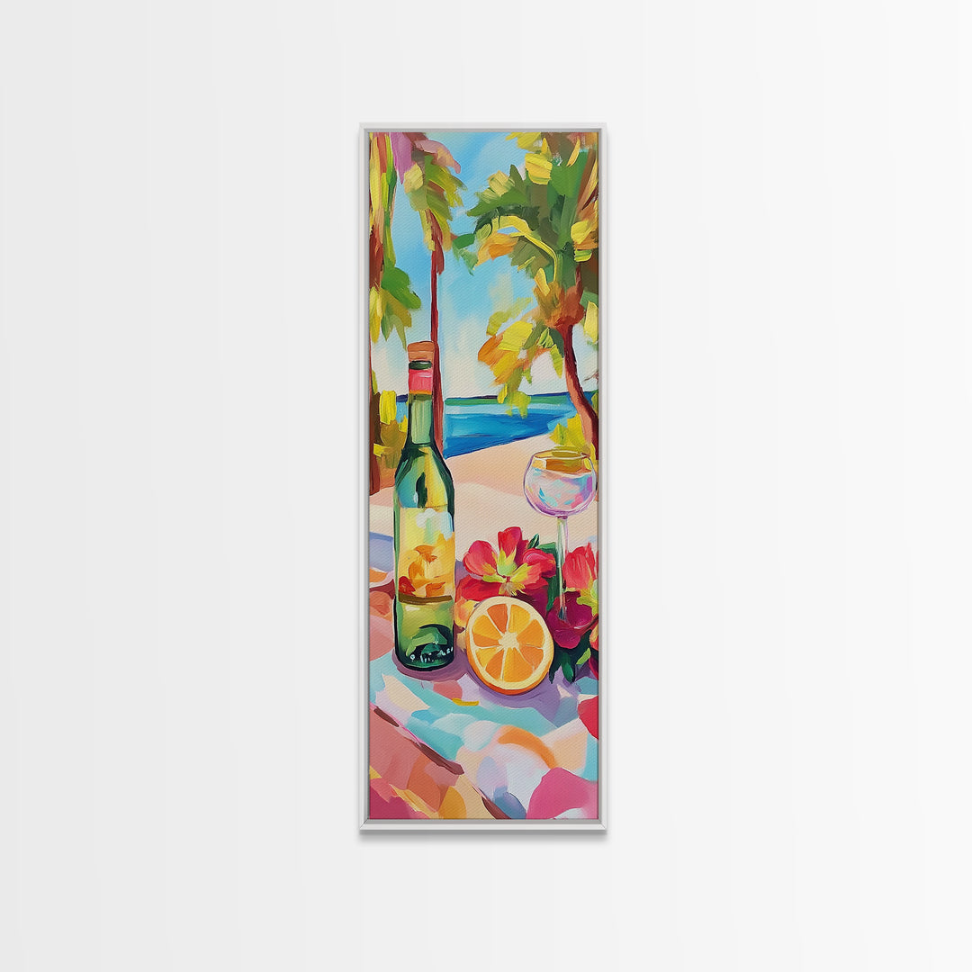 Tropical Wine Bottle And Citrus Still Life Wall Art, Beach House Decor, Coastal Kitchen Art, Summer Bar Cart Canvas Print