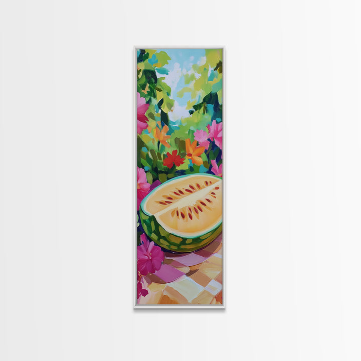 Sunlit Melon Slice In Garden Wall Art, Colorful Fruit Canvas Print, Tropical Kitchen Decor, Whimsical Summer Art Print Gift