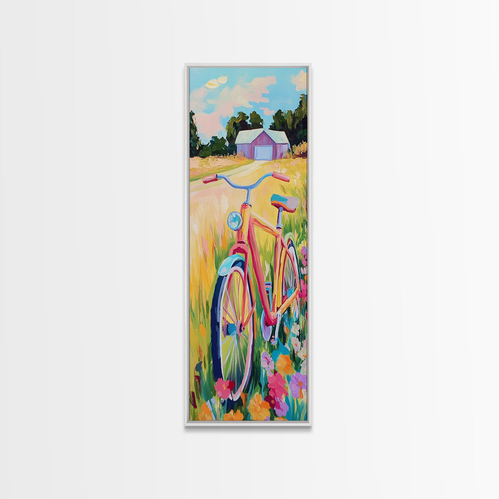 Pink Bicycle In Wildflower Meadow Wall Art, Rustic Country Canvas Print, Farmhouse Decor, Summer Landscape Art Gift For Her