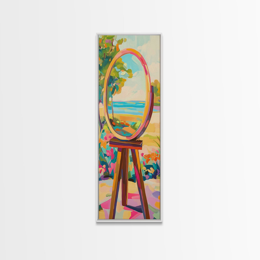 Oval Mirror By The Sea Wall Art, Coastal Garden Canvas Print For Bathroom Decor, Beach House Decor, Feminine Wall Decor, Home Decor