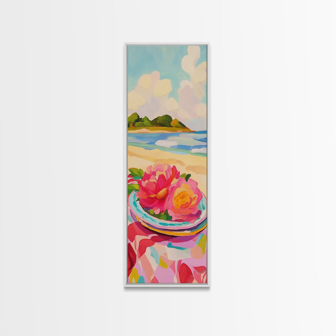 Pink Flowers On Sunny Beach Canvas Print, Coastal Seascape Wall Art, Feminine Summer Decor For Bedroom And Living Room Gift