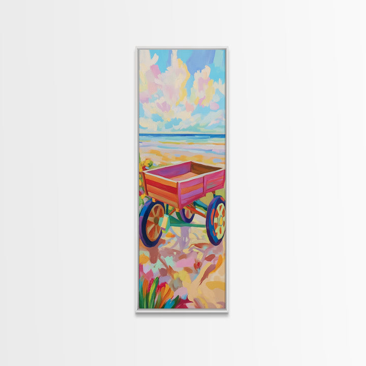 Red Beach Wagon At Shore Canvas Print, Coastal Wall Art, Summer Beach House Room Decor, Nautical Nursery Art, Gift For Kids