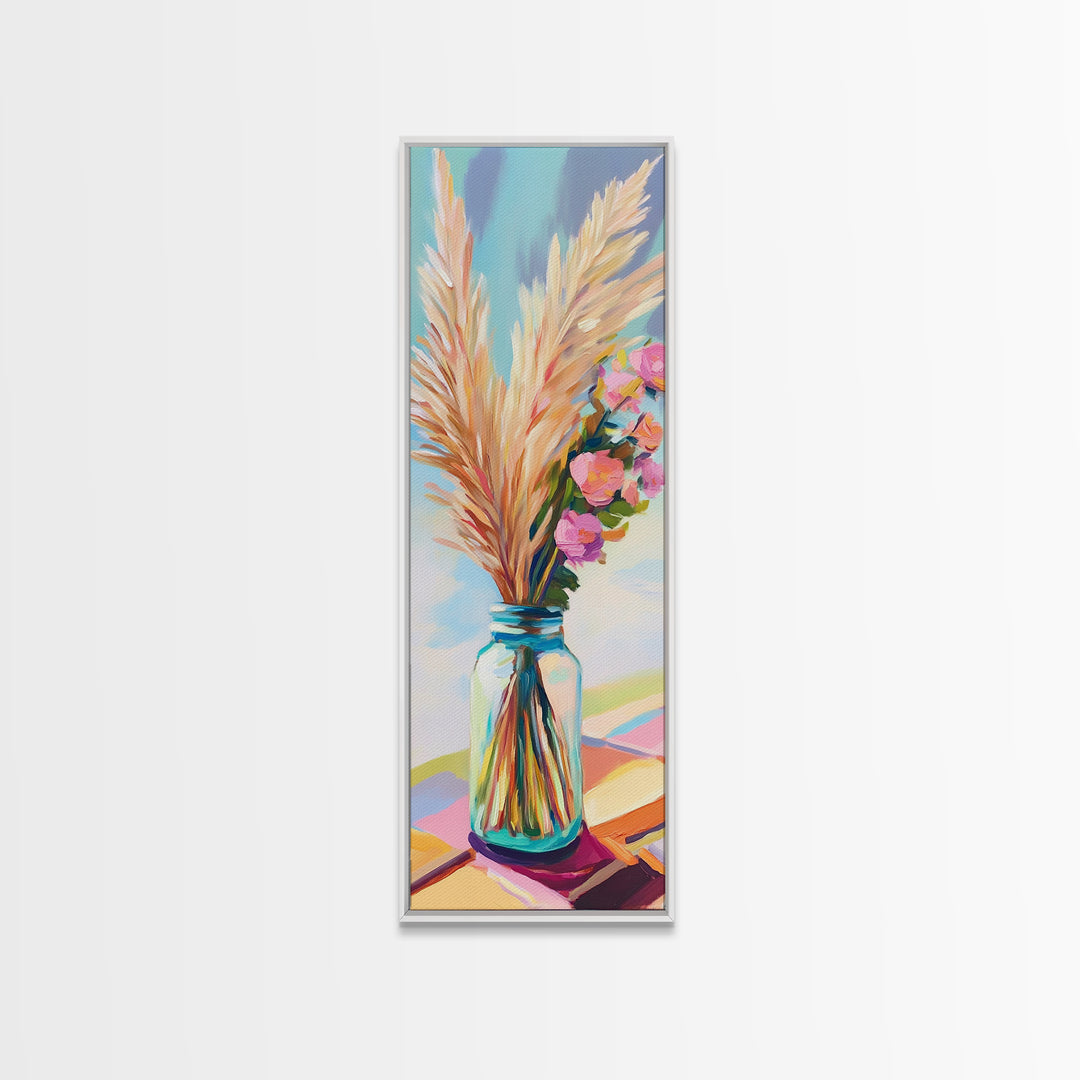 Pampas Grass In Blue Mason Jar Canvas Print, Boho Floral Wall Art, Neutral Home Decor, Rustic Bedroom Decor, Gift For Her