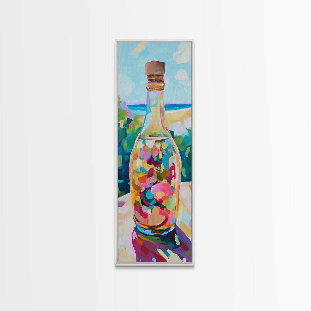 Colorful Sea Glass Bottle On Sunny Beach Wall Art, Coastal Canvas Wall Art, Beach House Decor, Vibrant Kitchen Art Print
