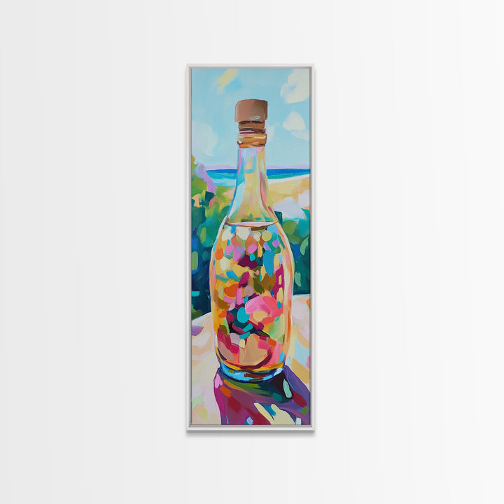 Colorful Sea Glass Bottle On Sunny Beach Wall Art, Coastal Canvas Wall Art, Beach House Decor, Vibrant Kitchen Art Print