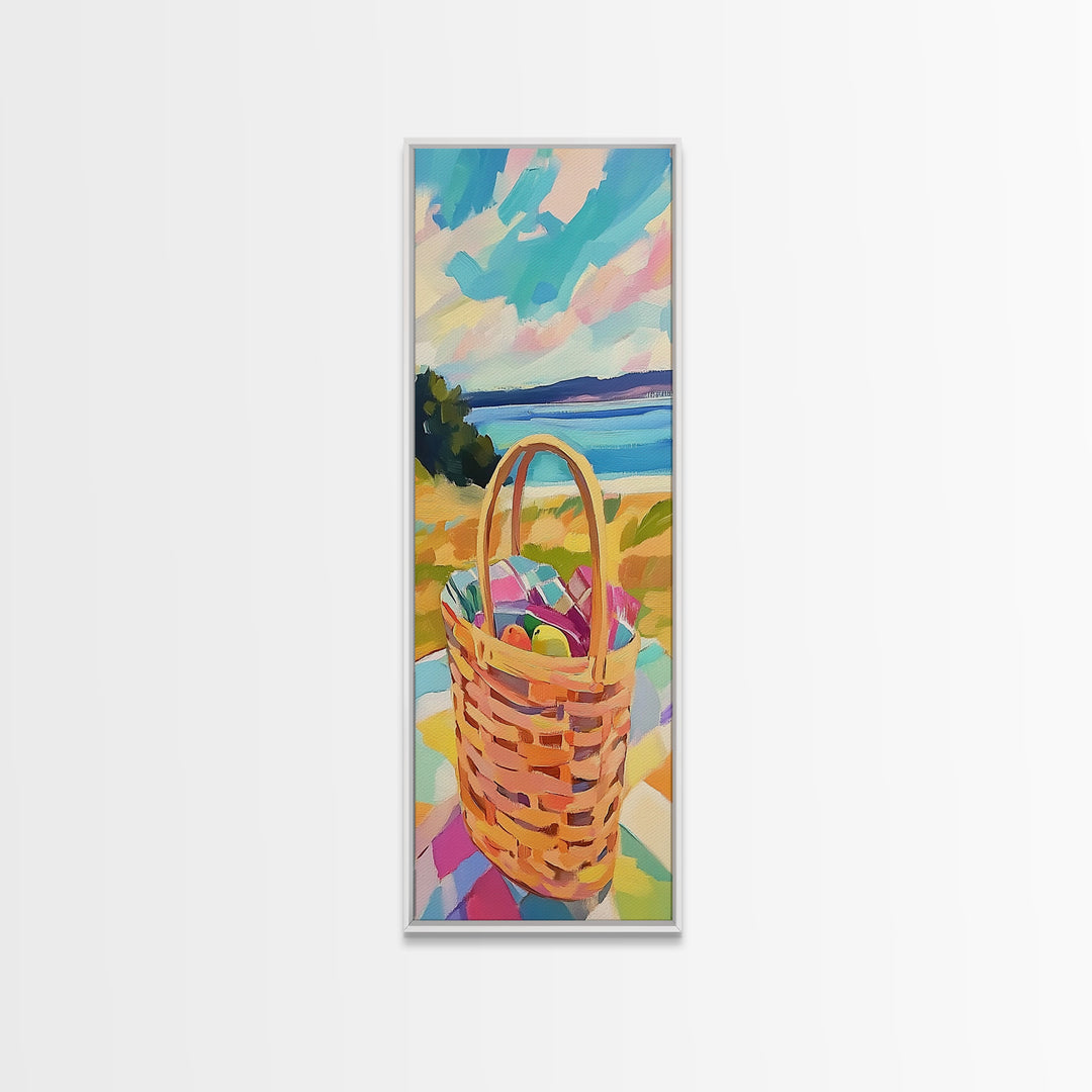 Woven Picnic Basket By Blue Ocean Wall Art, Coastal Beach House Decor, Summer Landscape Art, Framed Canvas Print, Gift For Her