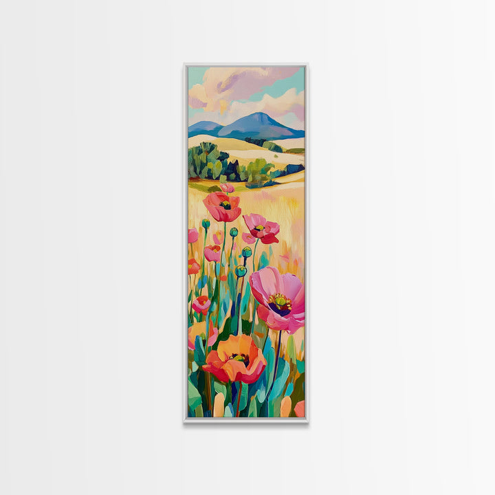 Pink Poppy Field Landscape Wall Art, Colorful Nature Canvas Print, Farmhouse Decor, Mountain Wall Art, Housewarming Gift