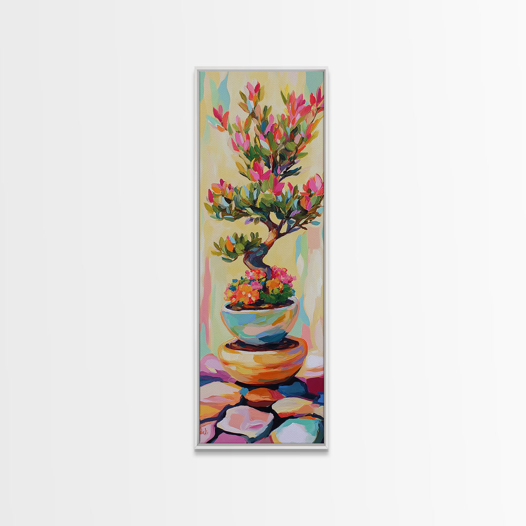 Flowering Bonsai Tree In Teal Pot Framed Canvas Print, Japandi Wall Art, Zen Home Decor, Botanical Decor, Housewarming Gift
