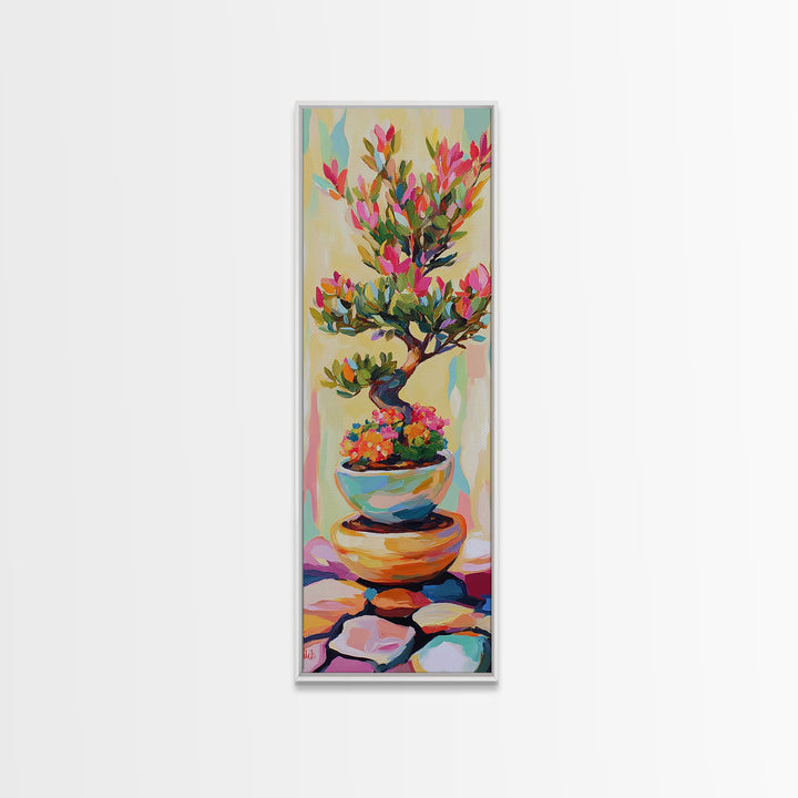 Flowering Bonsai Tree In Teal Pot Framed Canvas Print, Japandi Wall Art, Zen Home Decor, Botanical Decor, Housewarming Gift