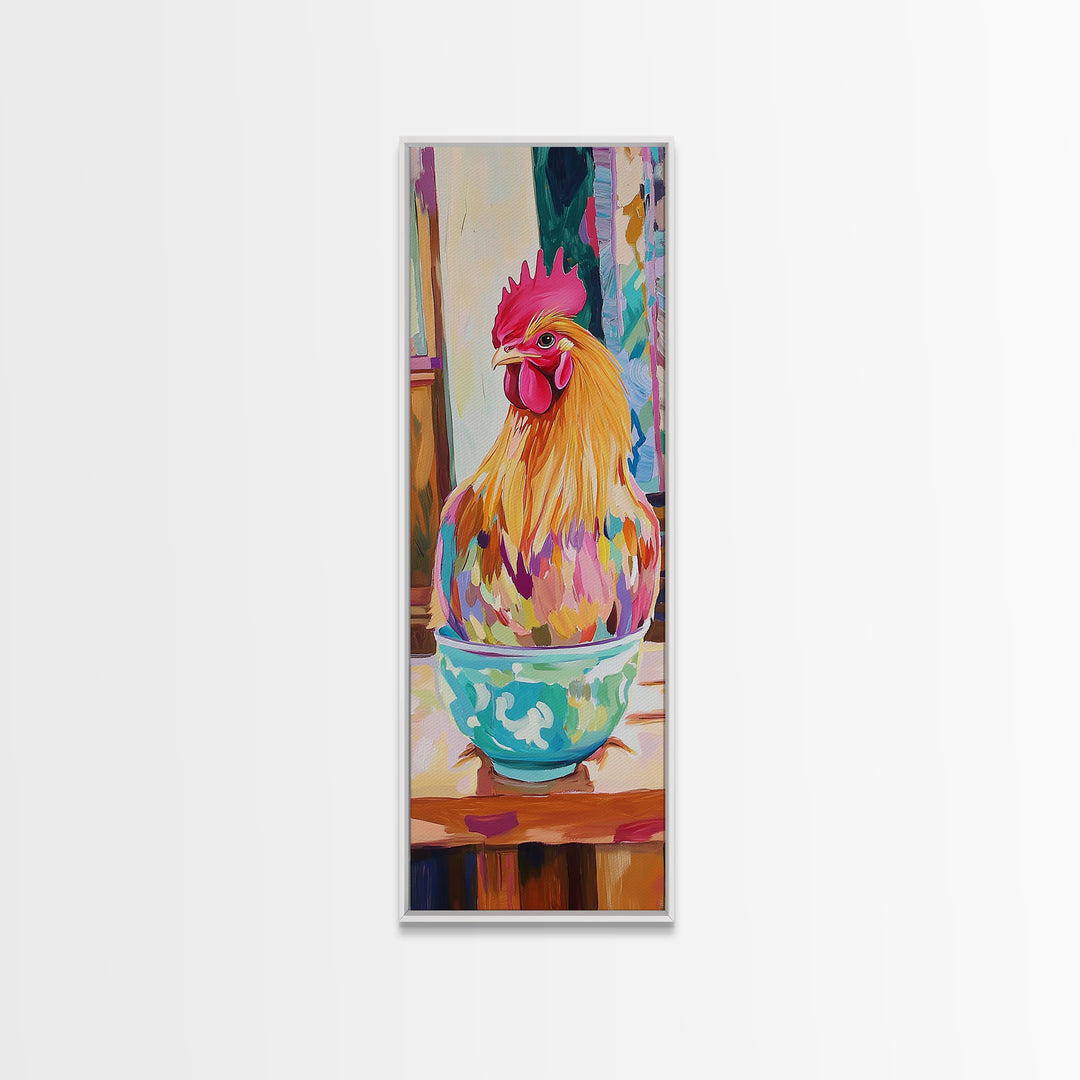 Whimsical Rooster In Teacup Wall Art, Farmhouse Kitchen Canvas Print, Colorful Chicken Decor, Rustic Country Art Gift Idea