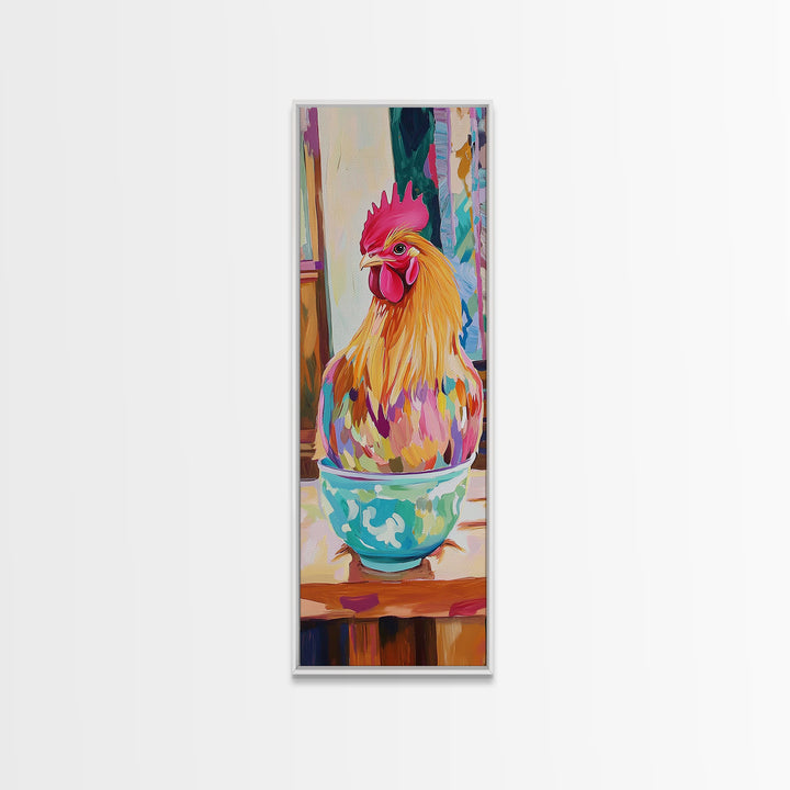 Whimsical Rooster In Teacup Wall Art, Farmhouse Kitchen Canvas Print, Colorful Chicken Decor, Rustic Country Art Gift Idea