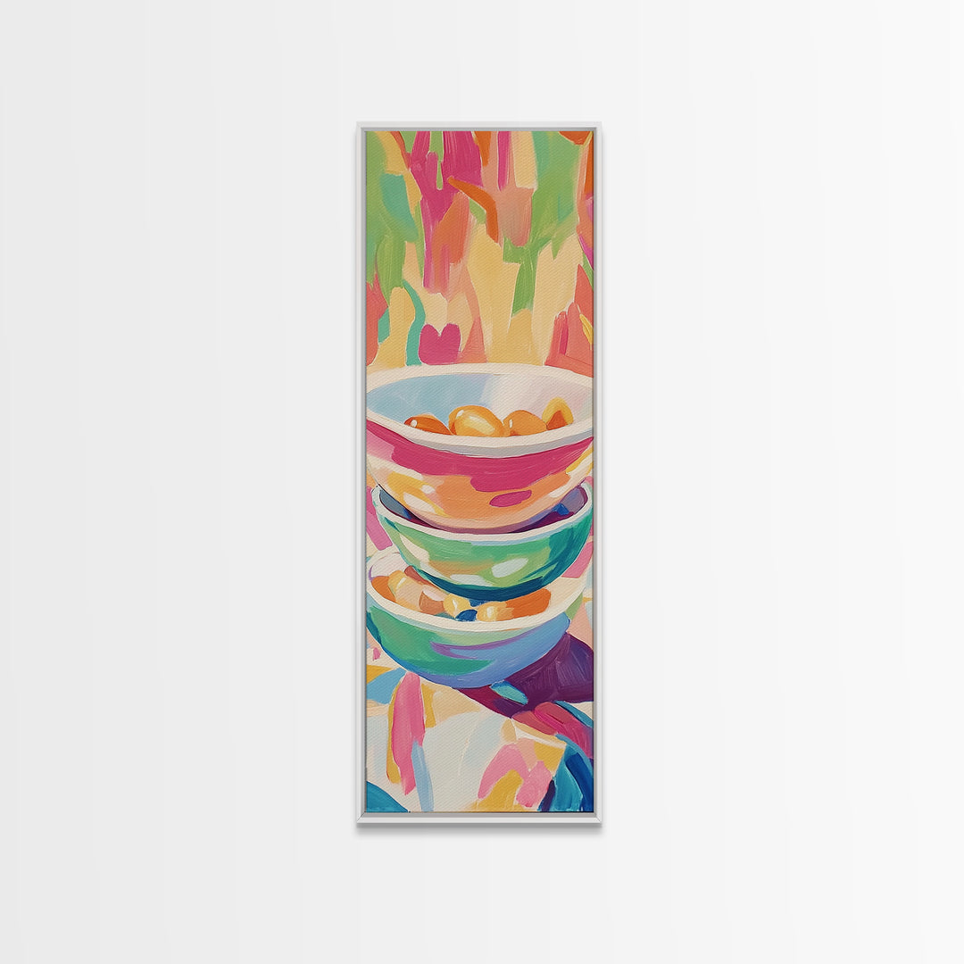 Stacked Colorful Bowls Wall Art, Bright Kitchen Canvas Print, Citrus Still Life Decor, Dopamine Dining Room Art Print Gift