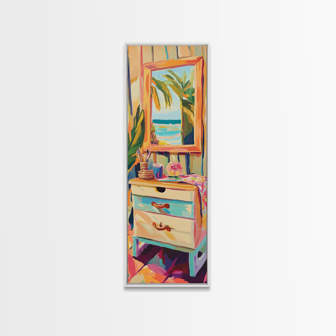 Coastal Vanity Mirror Wall Art, Beach House Canvas Print, Palm Tree Ocean Decor, Tropical Bedroom Wall Decor Gift For Her