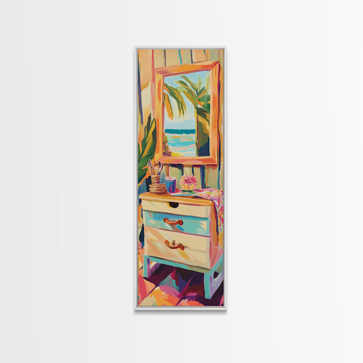 Coastal Vanity Mirror Wall Art, Beach House Canvas Print, Palm Tree Ocean Decor, Tropical Bedroom Wall Decor Gift For Her