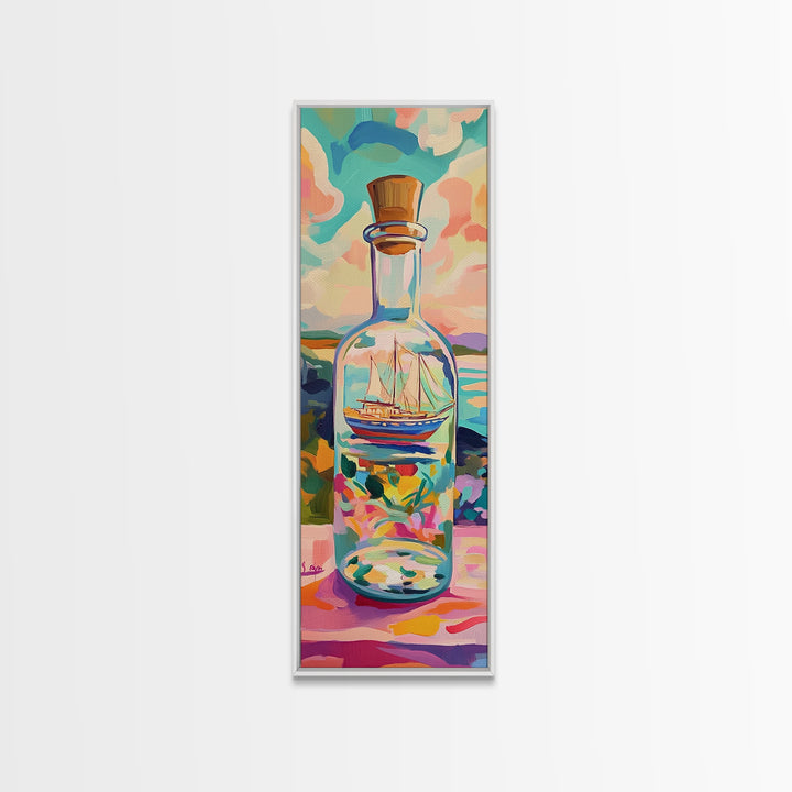 Sailing Ship In Glass Bottle Canvas Print, Coastal Wall Decor, Nautical Ocean Art, Beach House Decor, Gift For Sailboat Lover
