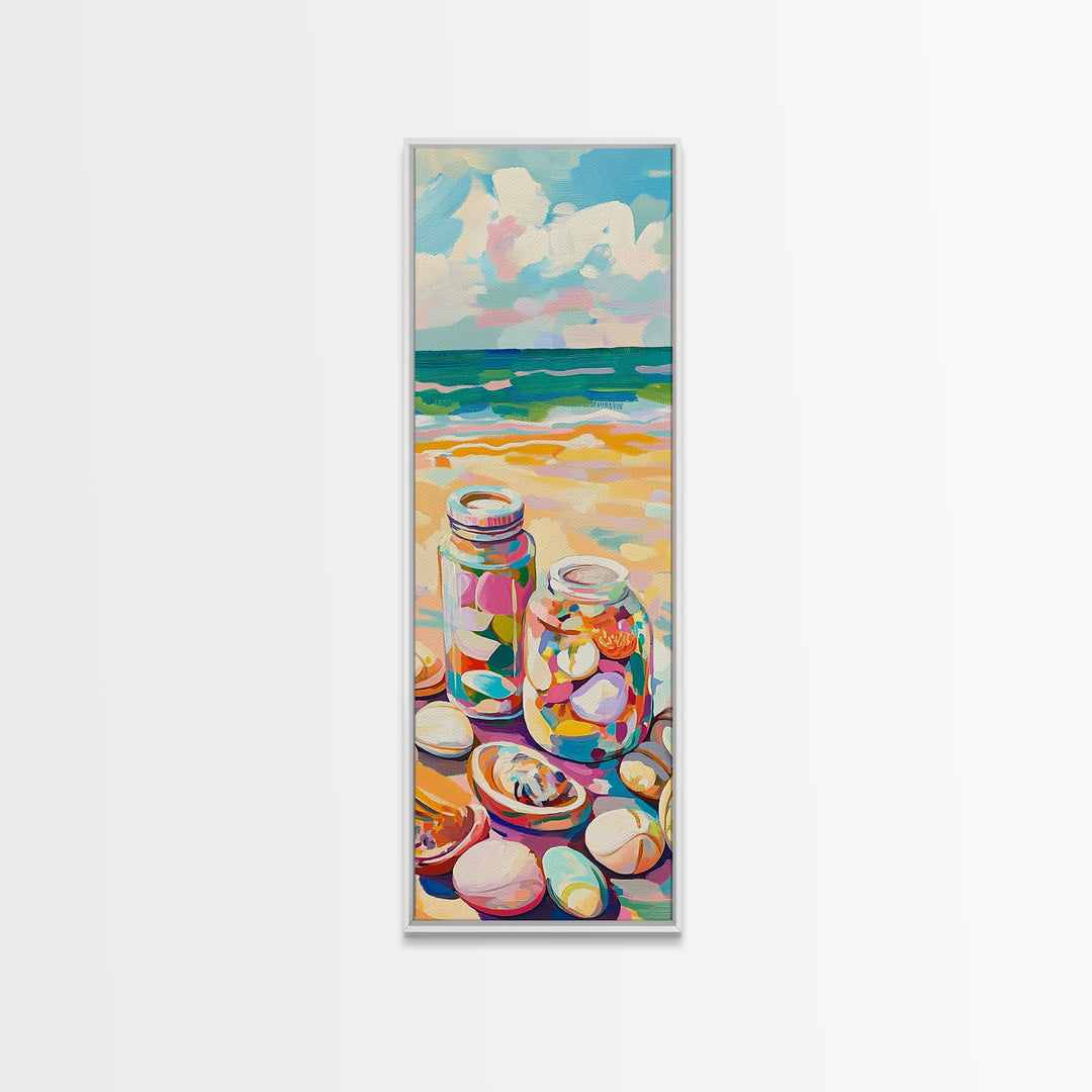 Beach Seashell Jars Canvas Print, Coastal Wall Art, Ocean Decor, Nautical Art Print, Beach House Living Room Decor Gift Idea