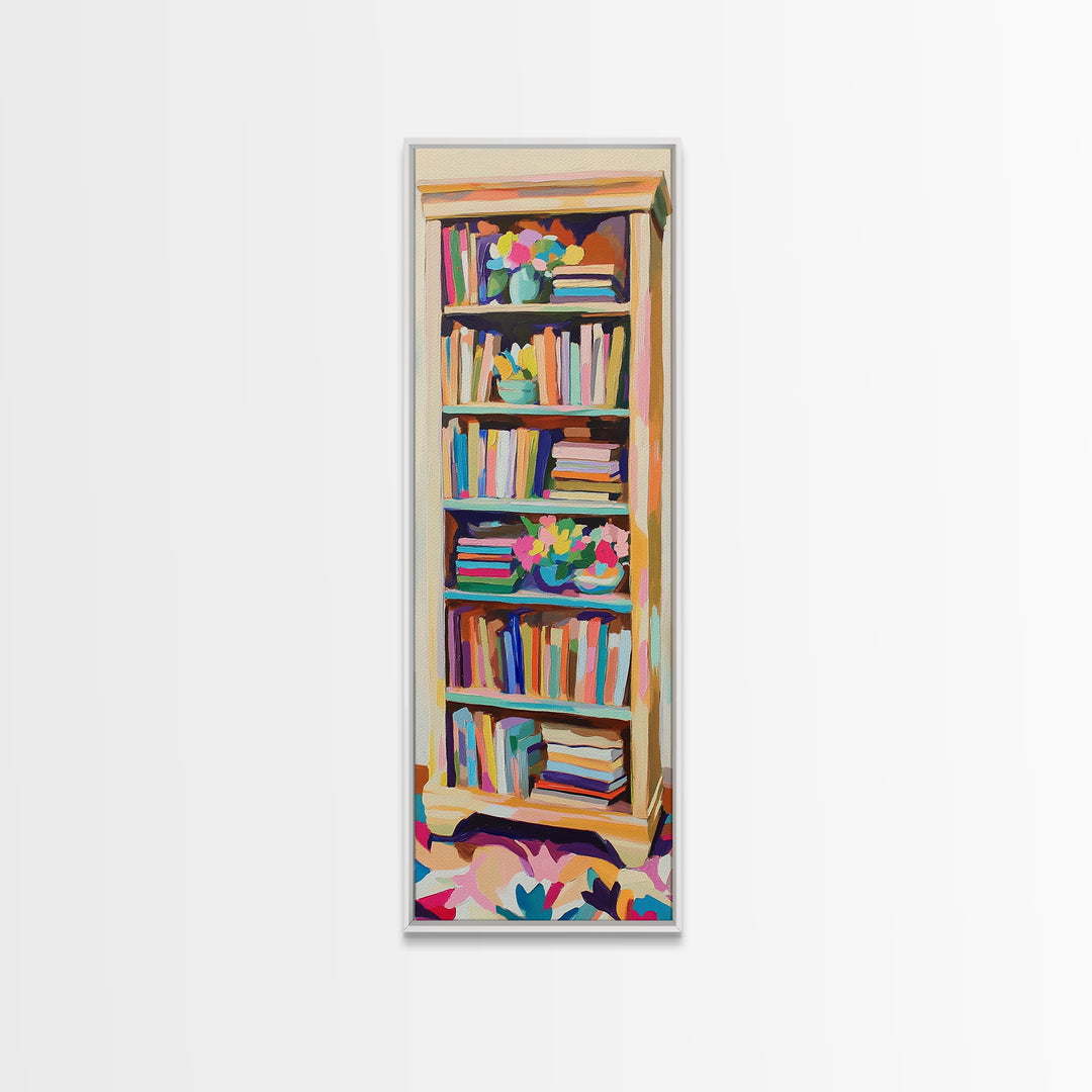 Tall Bookshelf And Flowers Canvas Print, Bookstore Wall Art, Library Decor, Book Lover Gift, Cozy Reading Nook Home Decor
