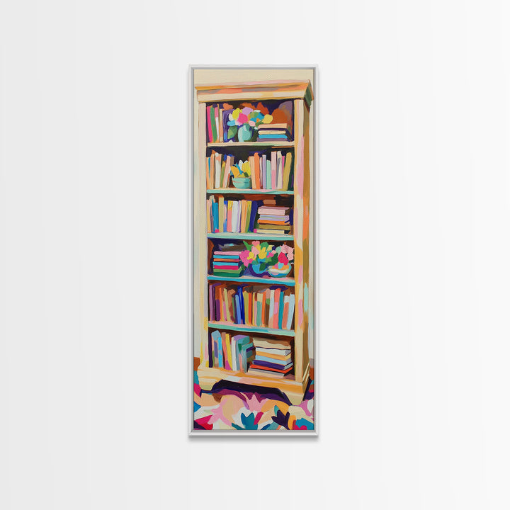 Tall Bookshelf And Flowers Canvas Print, Bookstore Wall Art, Library Decor, Book Lover Gift, Cozy Reading Nook Home Decor