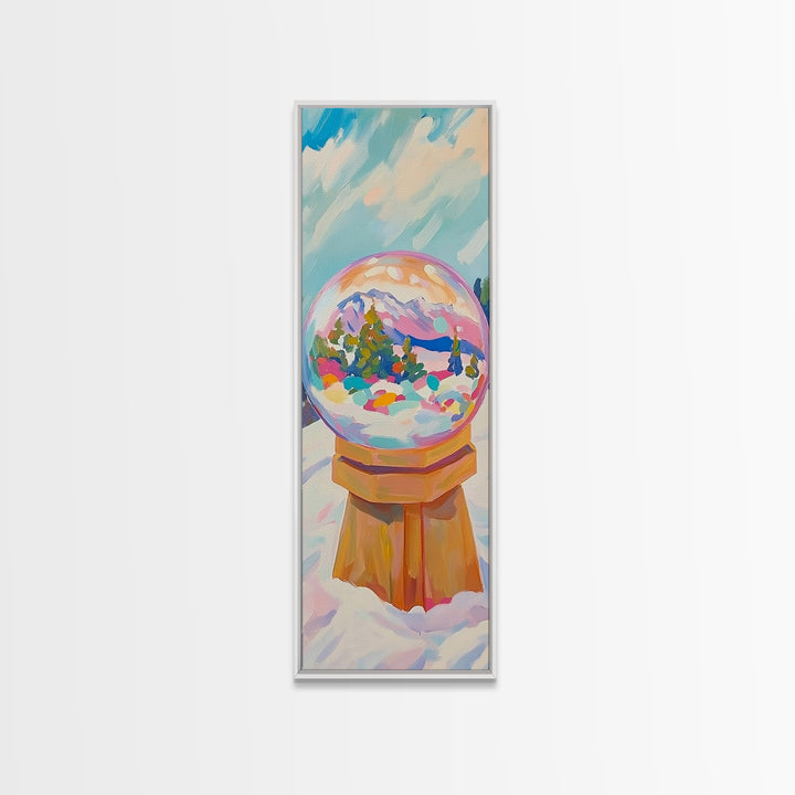 Mountain Snow Globe With Rainbow Winter Scene Framed Canvas Print, Whimsical Wall Art, Nursery Decor, Christmas Gift, Cozy Home Decor