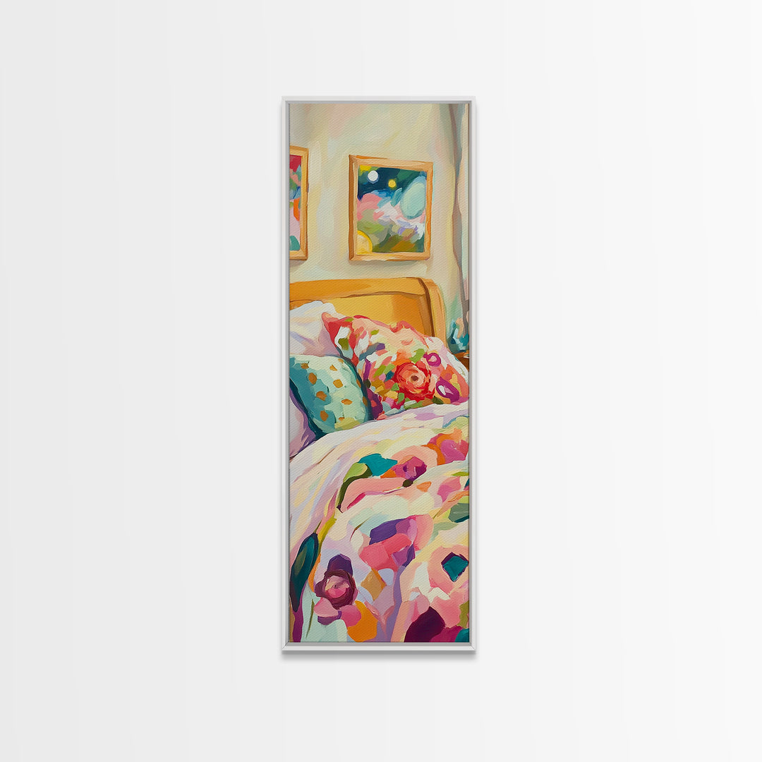 Floral Pillows On Cozy Bedroom Bed Framed Canvas Print, Romantic Wall Art, Bedroom Decor, Above Bed Art, Housewarming Gift