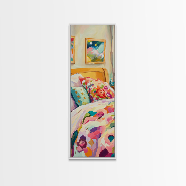 Floral Pillows On Cozy Bedroom Bed Framed Canvas Print, Romantic Wall Art, Bedroom Decor, Above Bed Art, Housewarming Gift
