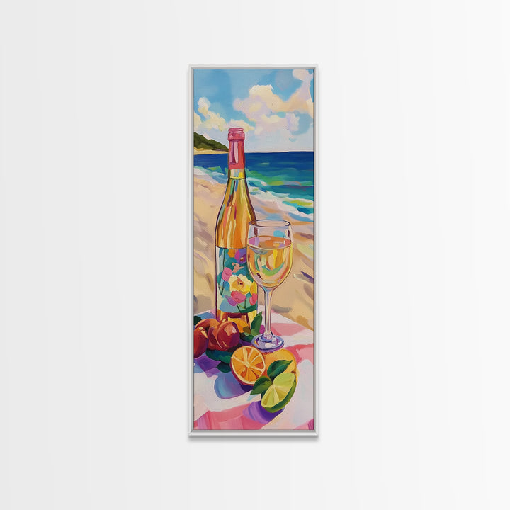 Champagne Bottle And Glass On Tropical Beach Canvas Print, Coastal Wall Art, Kitchen Decor, Wine Lover Gift, Summer Vibes Decor