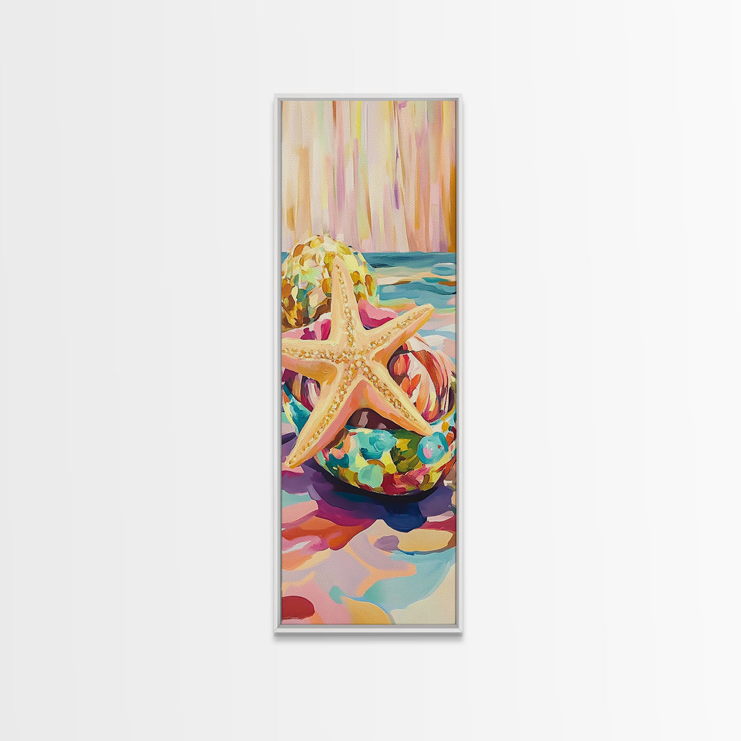 Golden Starfish In Glass Bowl Coastal Still Life Framed Canvas Print, Beach Wall Art, Ocean Decor, Summer Housewarming Gift