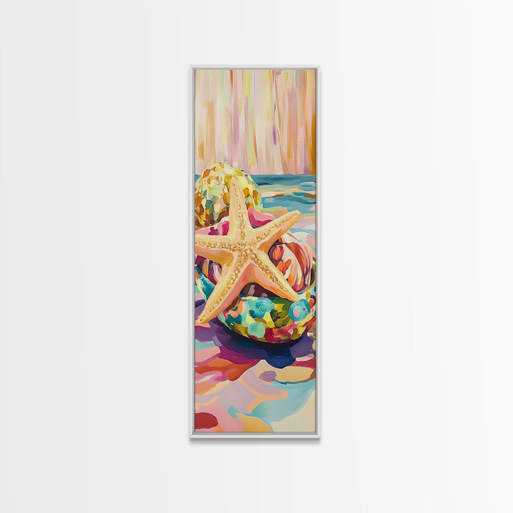 Golden Starfish In Glass Bowl Coastal Still Life Framed Canvas Print, Beach Wall Art, Ocean Decor, Summer Housewarming Gift