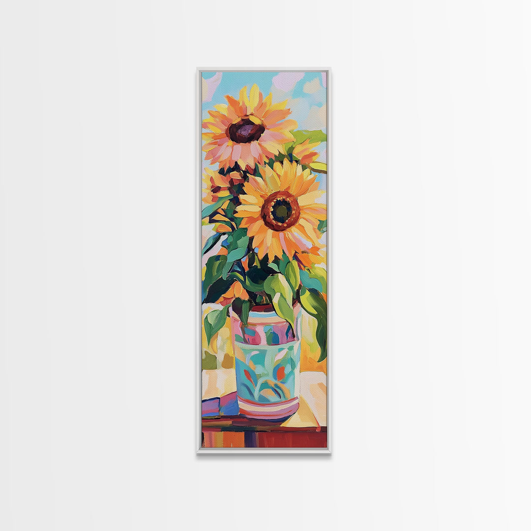 Bright Sunflowers In Patterned Vase Wall Art, Summer Floral Canvas Print, Farmhouse Kitchen Decor, Housewarming Gift For Her