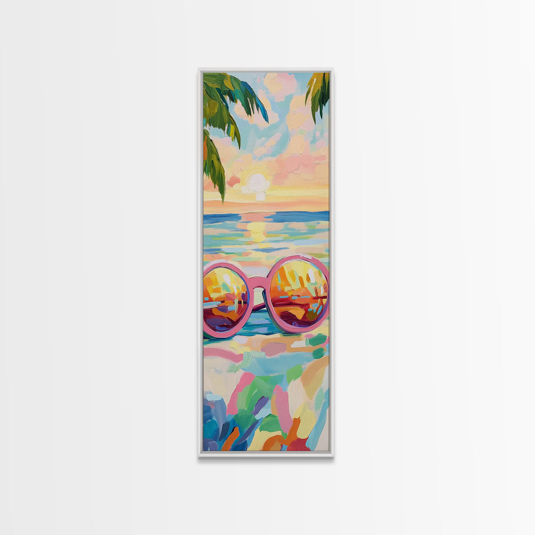 Pink Sunglasses On Beach Sunset Wall Art, Coastal Canvas Print, Tropical Ocean Decor, Summer Vacation Housewarming Gift For Her