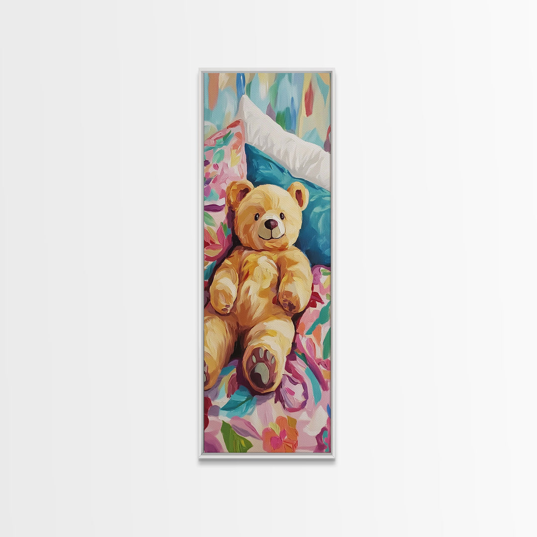 Teddy Bear On Floral Bed Painting, Whimsical Canvas Print, Nursery Wall Art, Kids Room Decor, Baby Shower Gift, Cute Wall Art