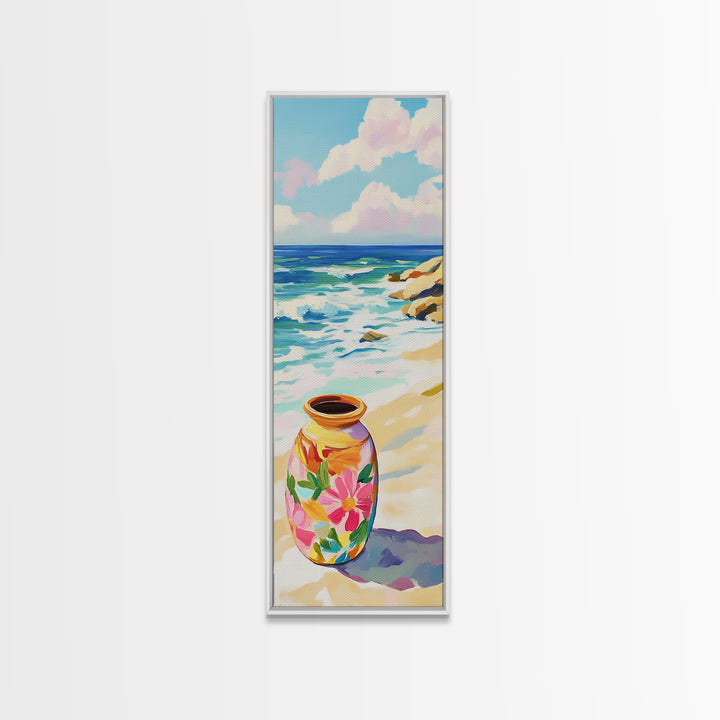 Floral Painted Vase On Sandy Beach Canvas Print, Coastal Wall Art, Ocean Decor, Tropical Flowers, Summer Housewarming Gift
