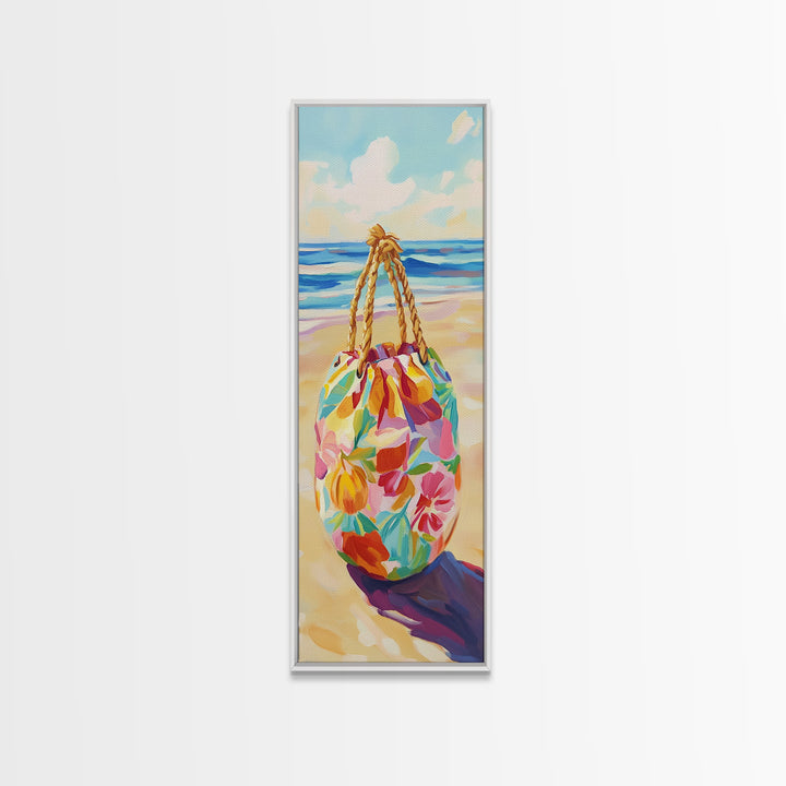 Floral Beach Tote On Sunny Shore Canvas Print, Coastal Wall Art, Beach House Decor, Tropical Decor, Summer Travel Gift For Her