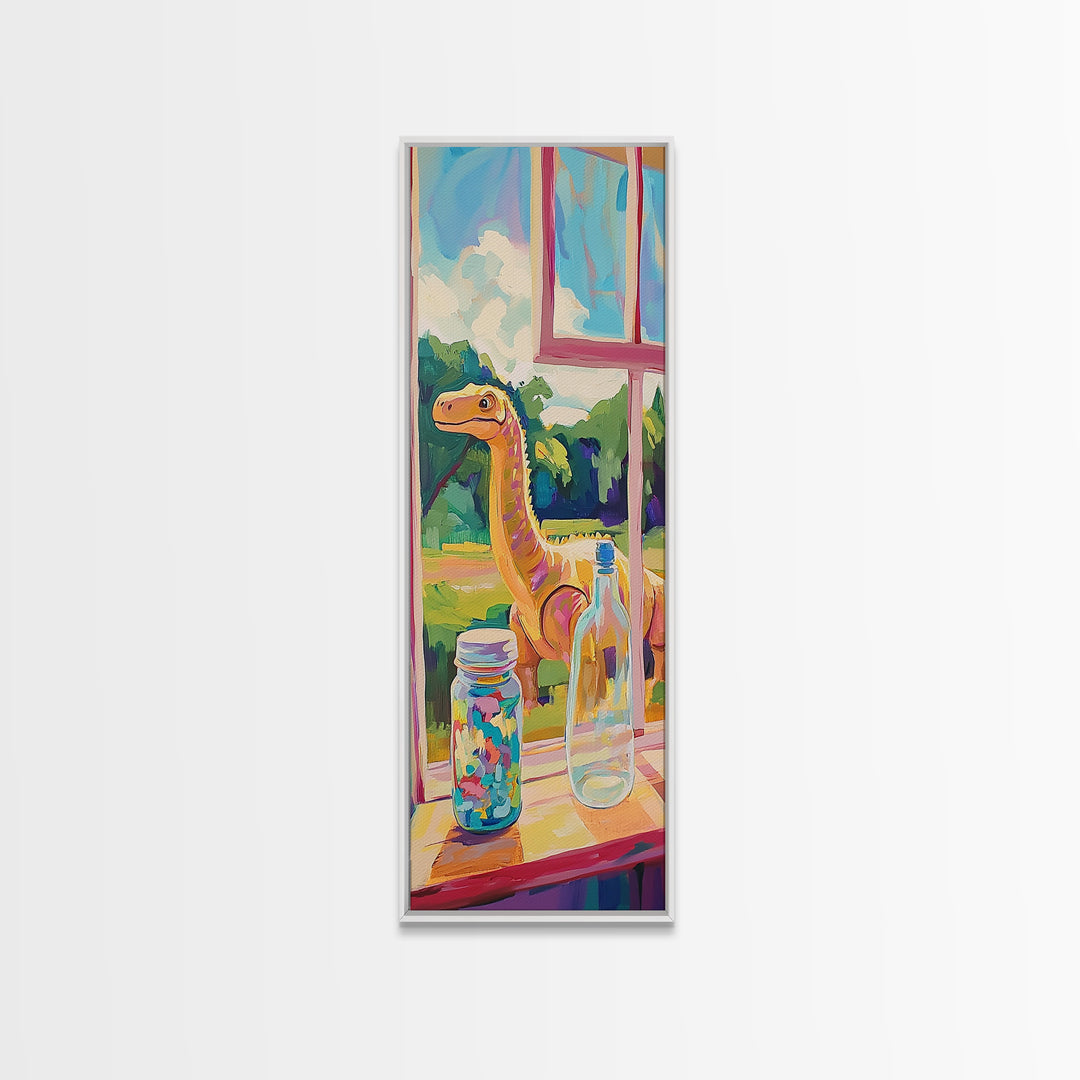 Whimsical Long Neck Dinosaur By Sunny Window Wall Art, Colorful Canvas Print, Kids Room Decor, Playful Nursery Art Print